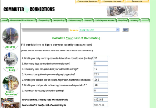 Screen Shot of Commuter Connections Web Site