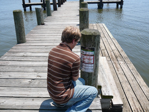Photo of man posting fish advisory notice on pier
