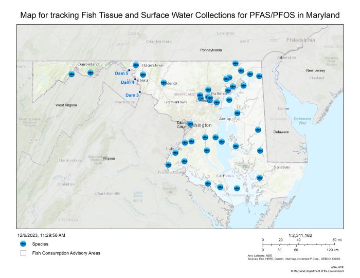 Image of Maryland displaying locations of PFAS advisories