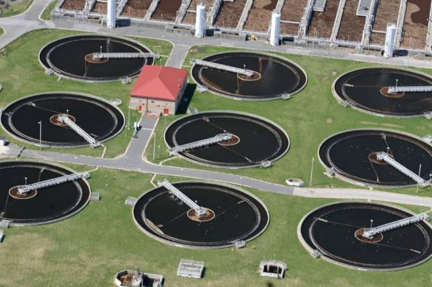 Wastewater treatment plant clarifiers operating in Maryland.